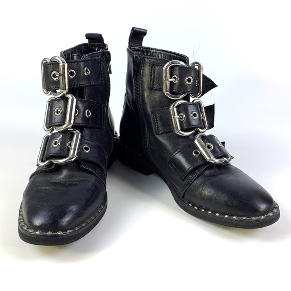Steve Madden Shoes - Steve Madden Recharge Leather Boots Womens Sz 6 Black Buckle Moto Studded Bootie